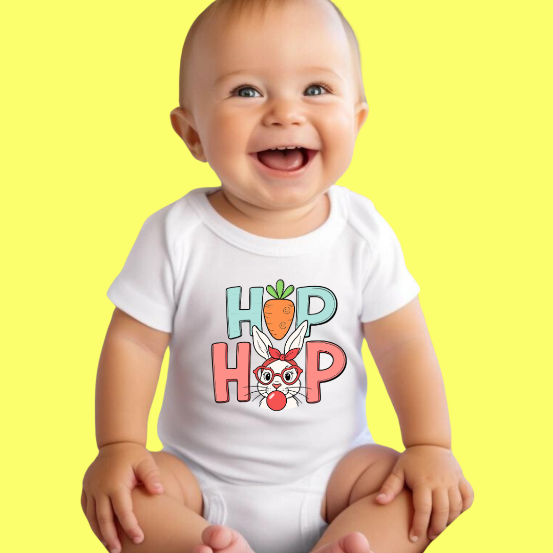 Hip Hop Easter Bunny Baby Bodysuit, 100% Cotton Onesie with Carrot Design, Infant Short Sleeve